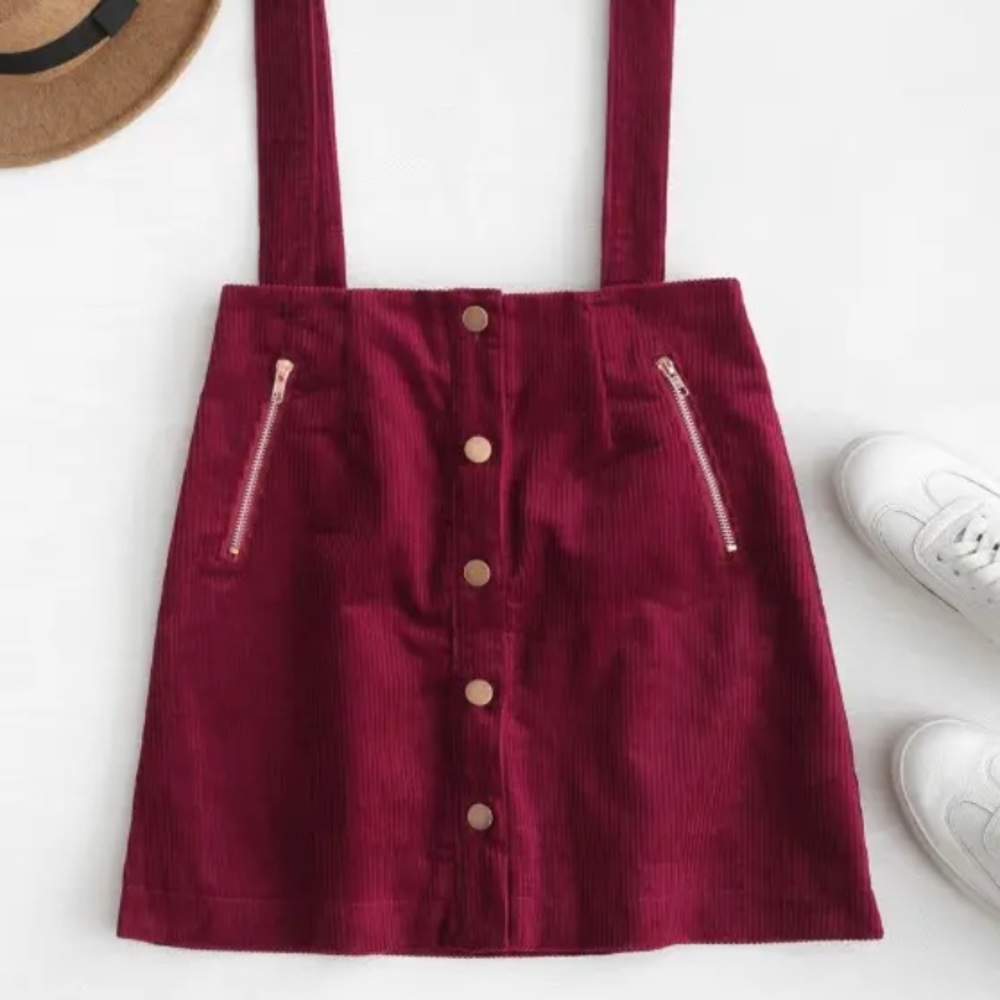 Maroon, Corduroy Skirt with Suspenders- Size M